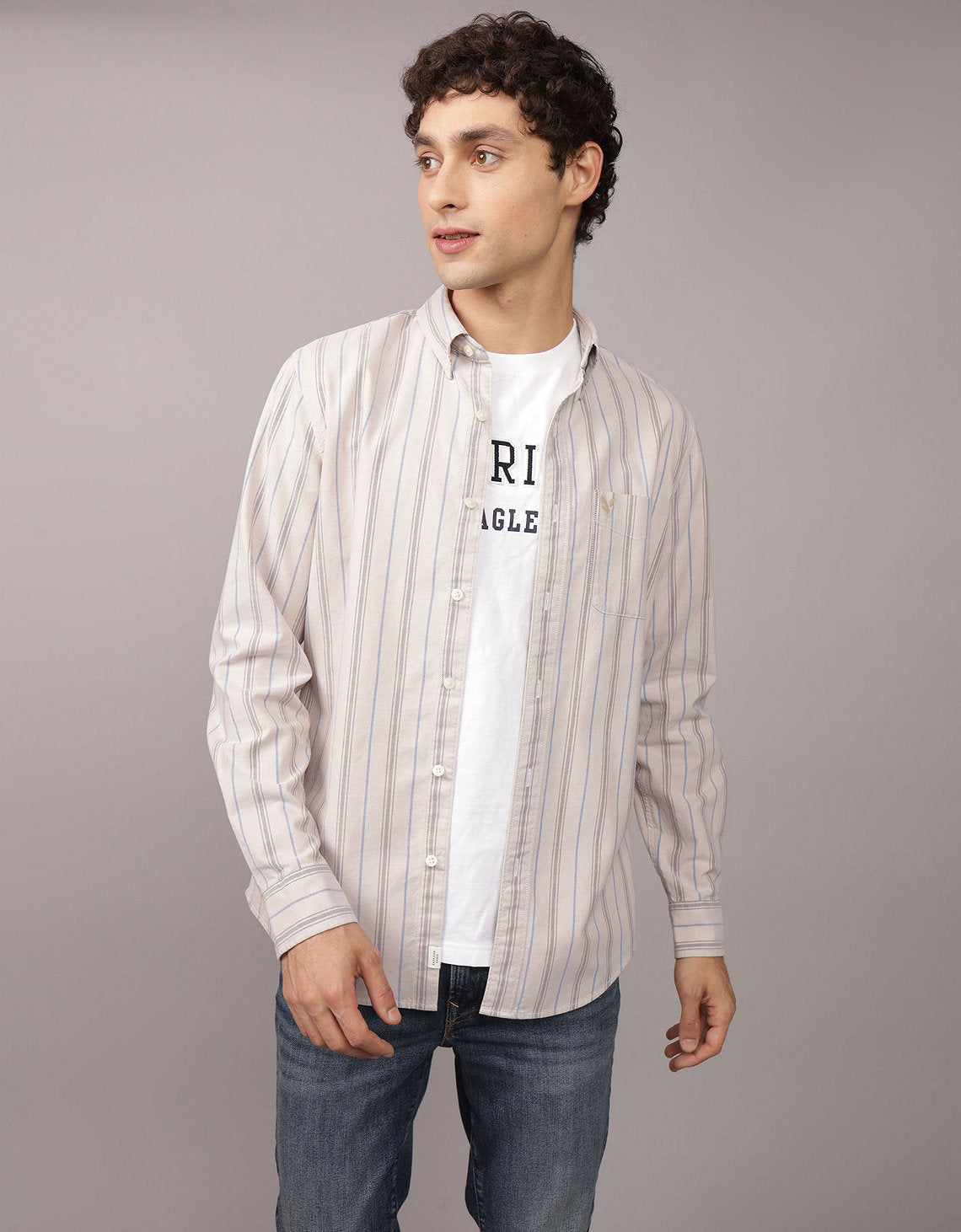 Camisa Slim de Rayas Manga Larga Hombre AE - Caqui 0153_2103_209_of