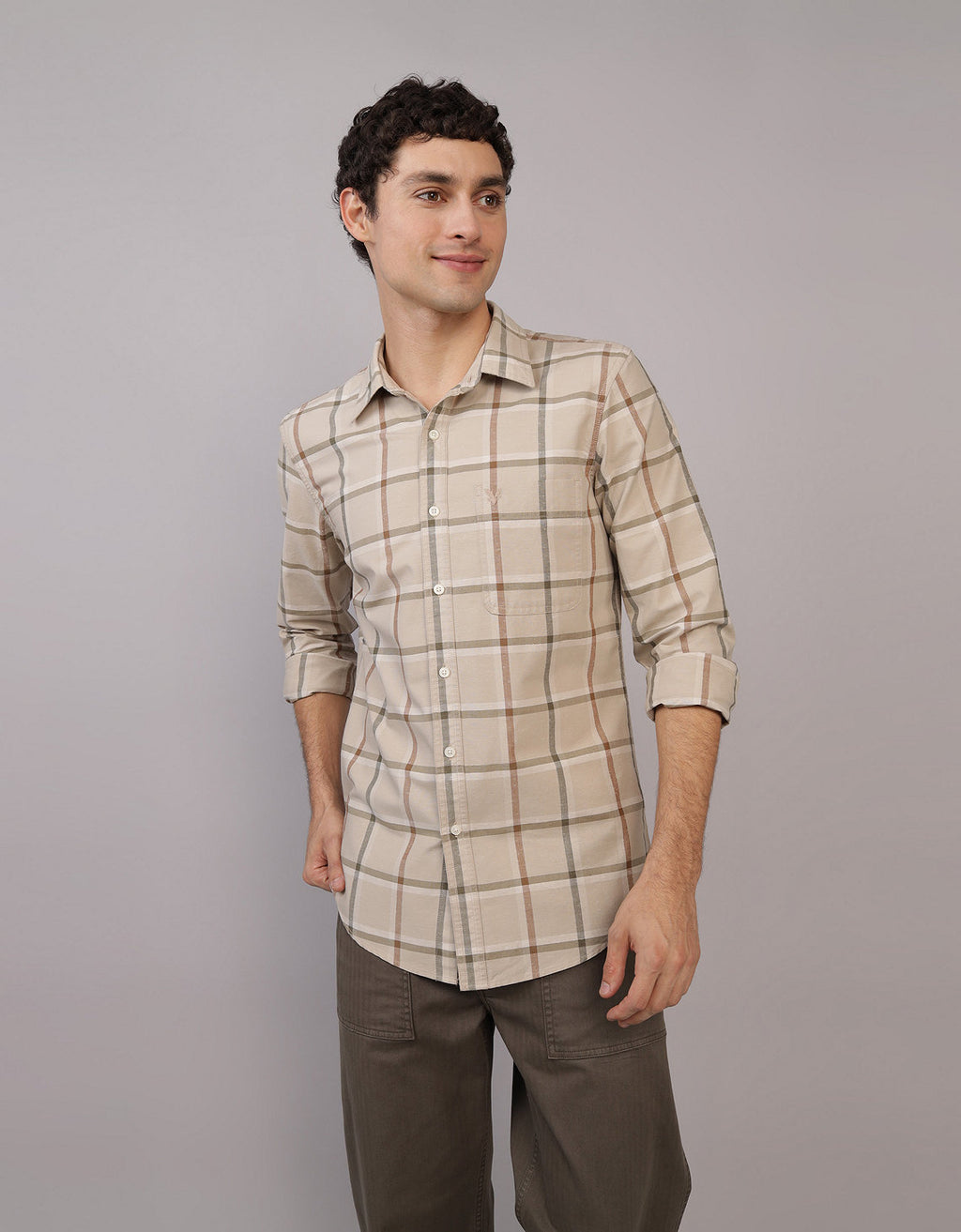 Camisa de Cuadros Manga Larga Hombre AE - Caqui 0153_2642_204_of