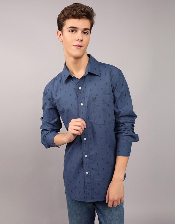 Camisa Oxford estampada Manga Larga Hombre AE - Azul