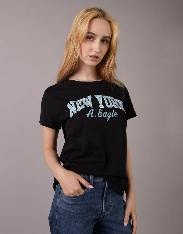 Polo sin Cuello con Gráfico Manga Corta Mujer AE - Negro