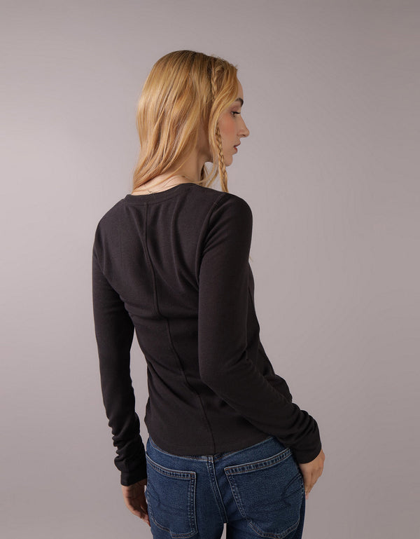 Polo sin Cuello cuello redondo Manga Larga con gráfico Mujer AE - Negro