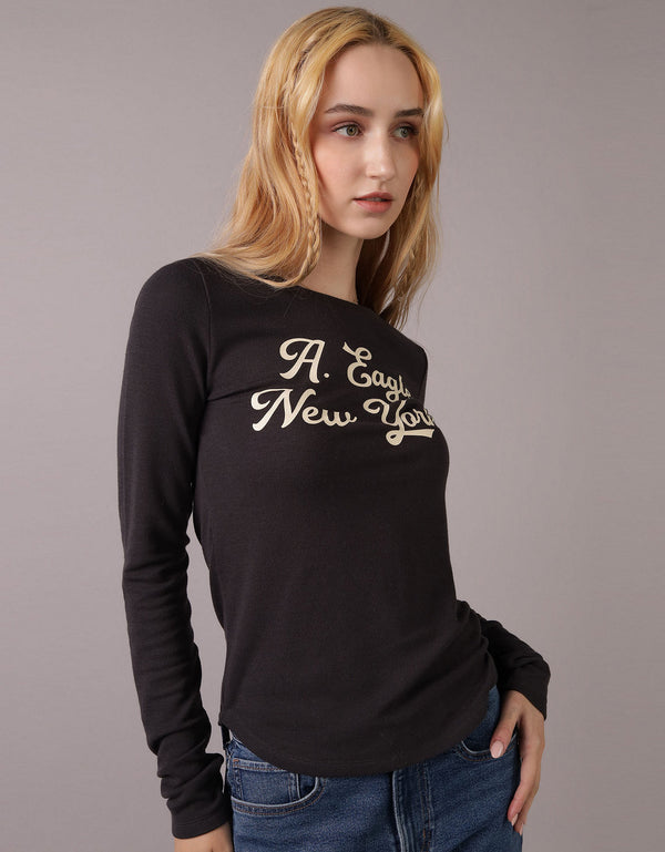 Polo sin Cuello cuello redondo Manga Larga con gráfico Mujer AE - Negro