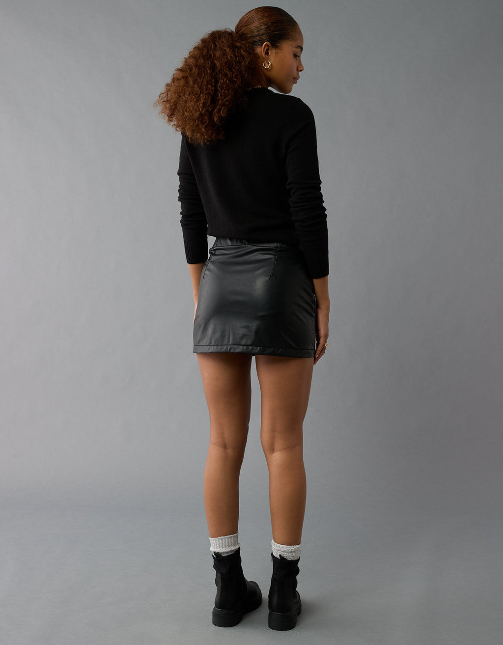 Falda de cuero vegano Talle Alto Mujer AE - Negro 0315_4956_001_ob