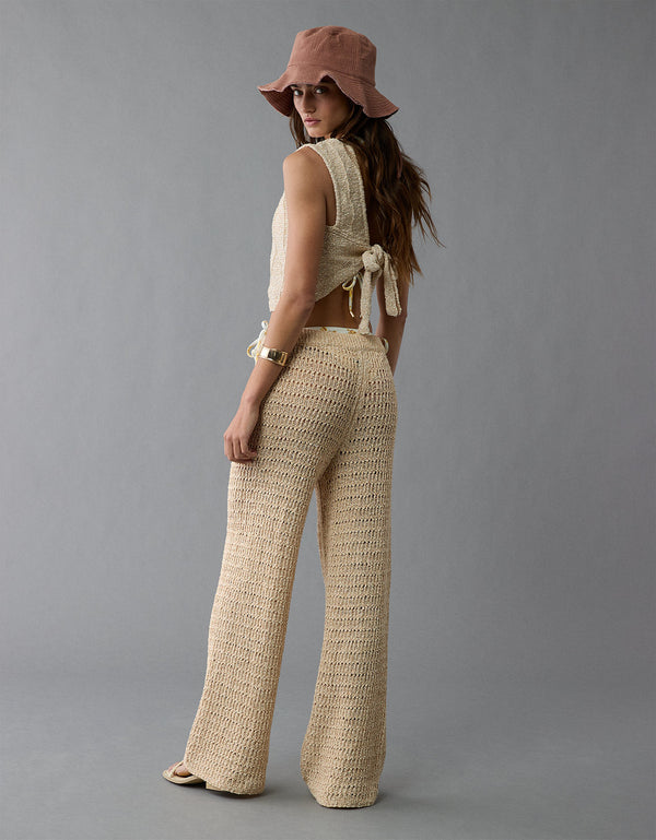 Pantalón acampanado de crochet de cintura alta de AE - Beige