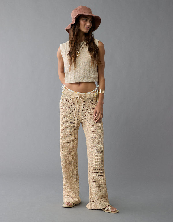 Pantalón acampanado de crochet de cintura alta de AE - Beige