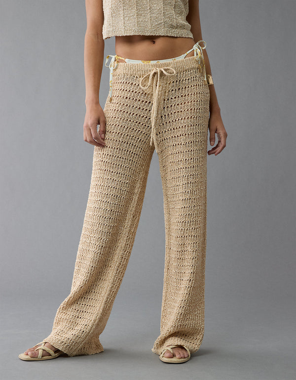 Pantalón acampanado de crochet de cintura alta de AE - Beige