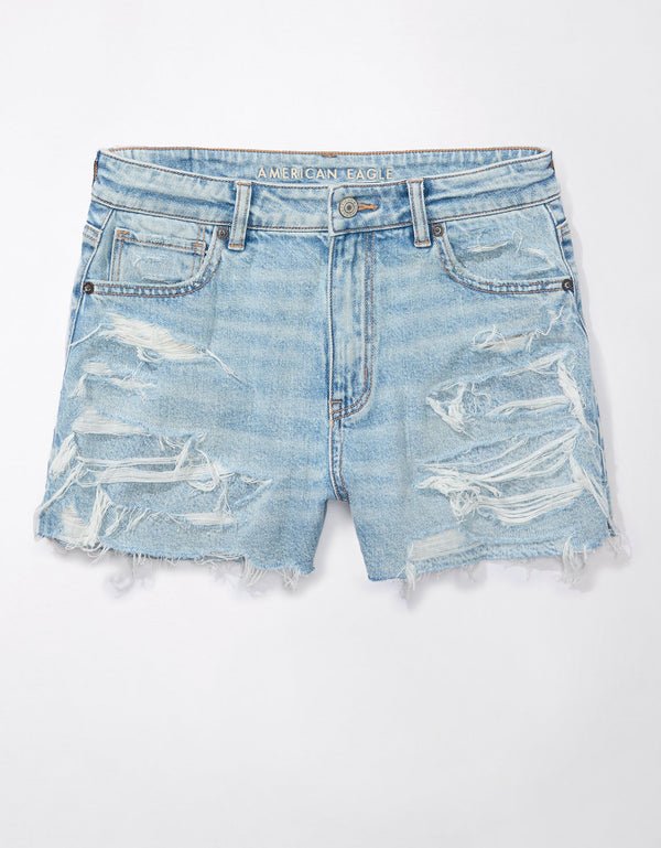 Short Mom AE en denim con rotos para mujer - Azul