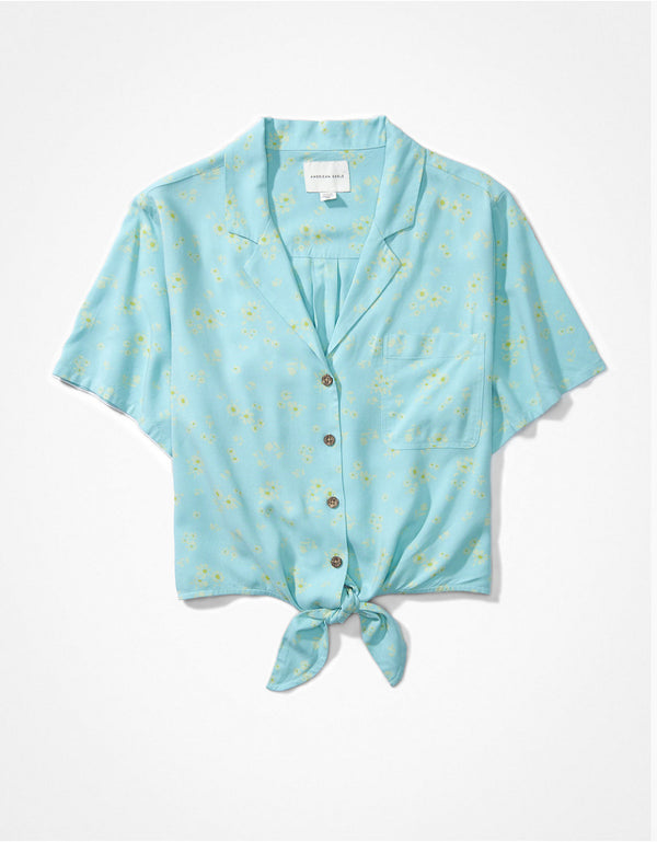 Camisa AE con botones y lazo en el frente - Azul