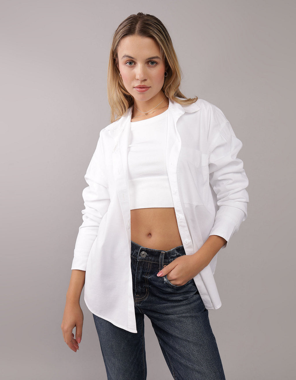 Camisa AE en Oxford manga larga de Mujer - Blanco 0355_5836_100_of