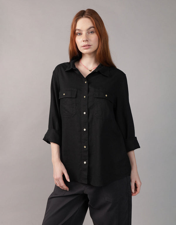 Camisa manga larga de botones de mujer AE - Negro