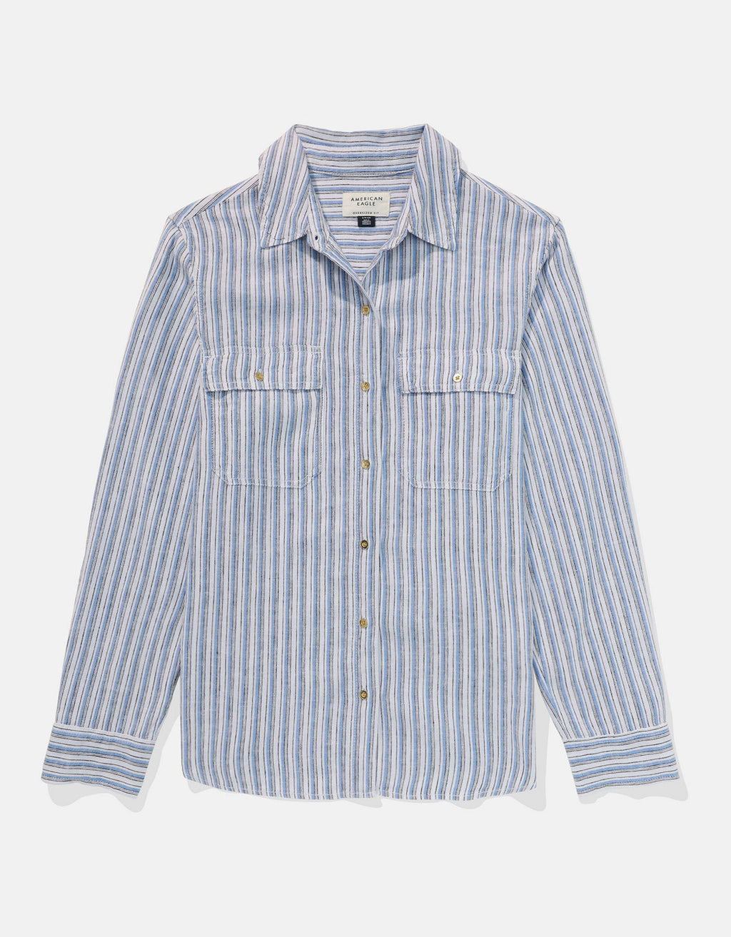 Camisa de Lino Manga Larga de Rayas Ae - Azul 0355_6146_400_f