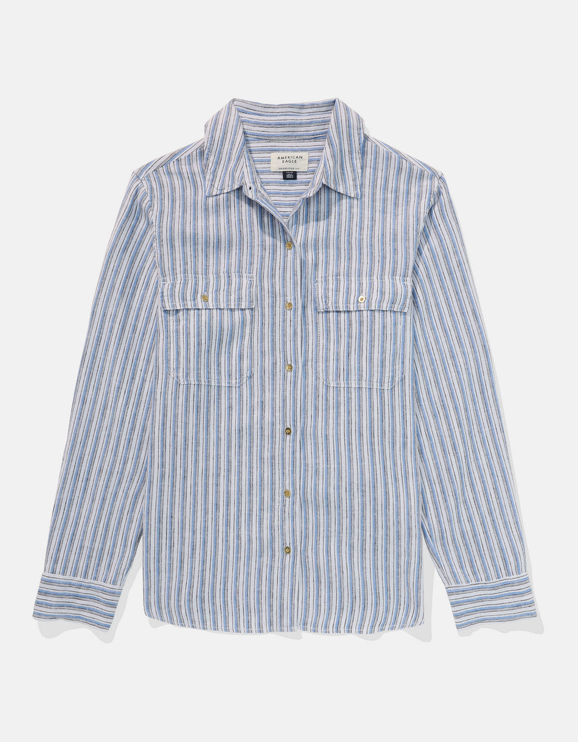 Camisa de Lino Manga Larga de Rayas Ae - Azul 0355_6146_400_f