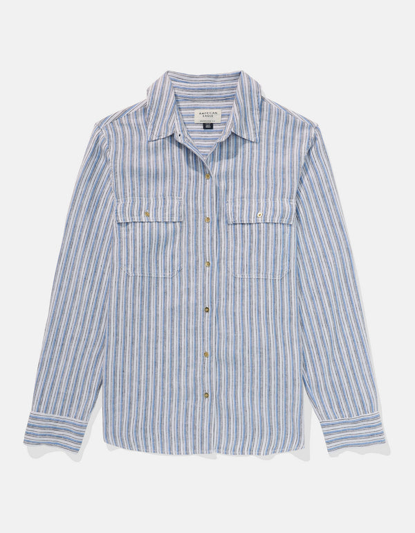 Camisa de Lino Manga Larga de Rayas Ae - Azul