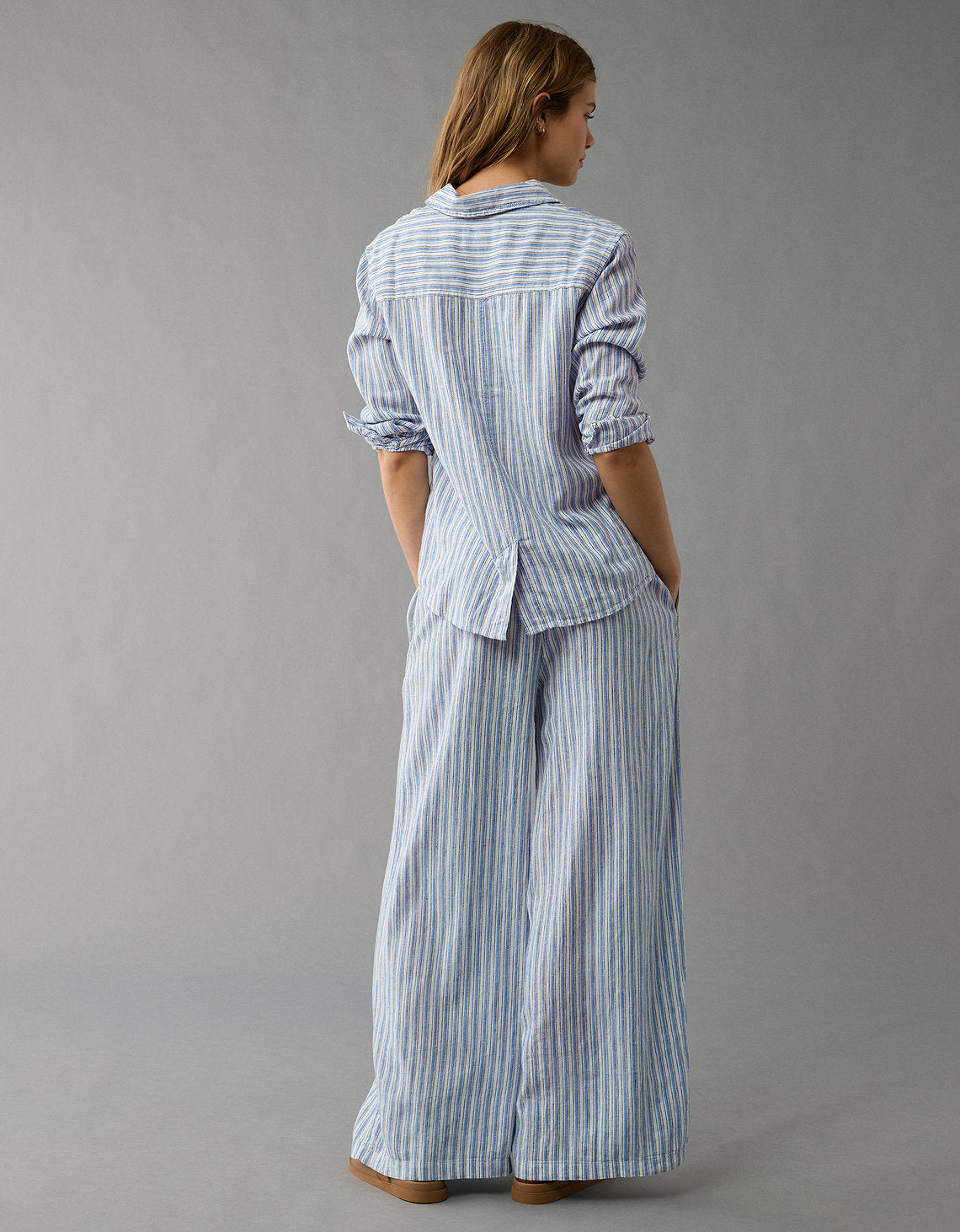 Camisa de Lino Manga Larga de Rayas Ae - Azul 0355_6146_400_ob
