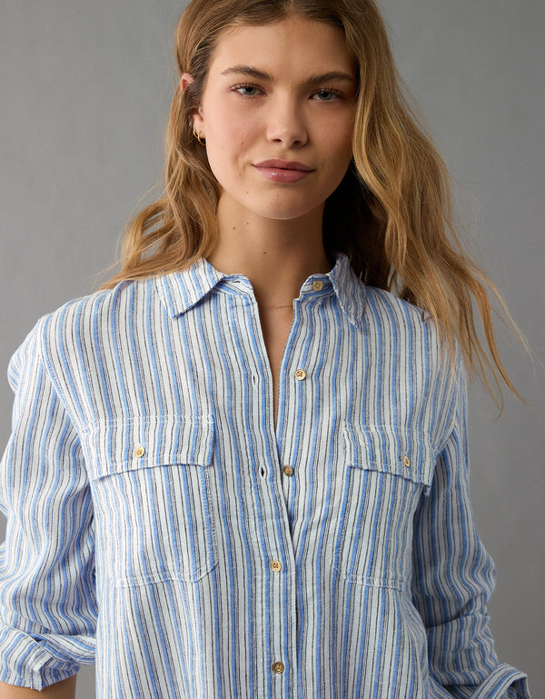 Camisa de Lino Manga Larga de Rayas Ae - Azul
