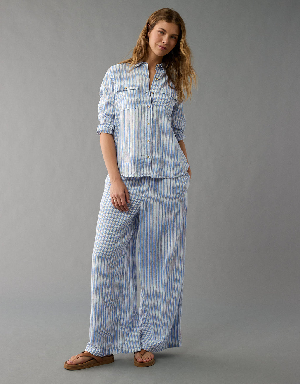 Camisa de Lino Manga Larga de Rayas Ae - Azul 0355_6146_400_os