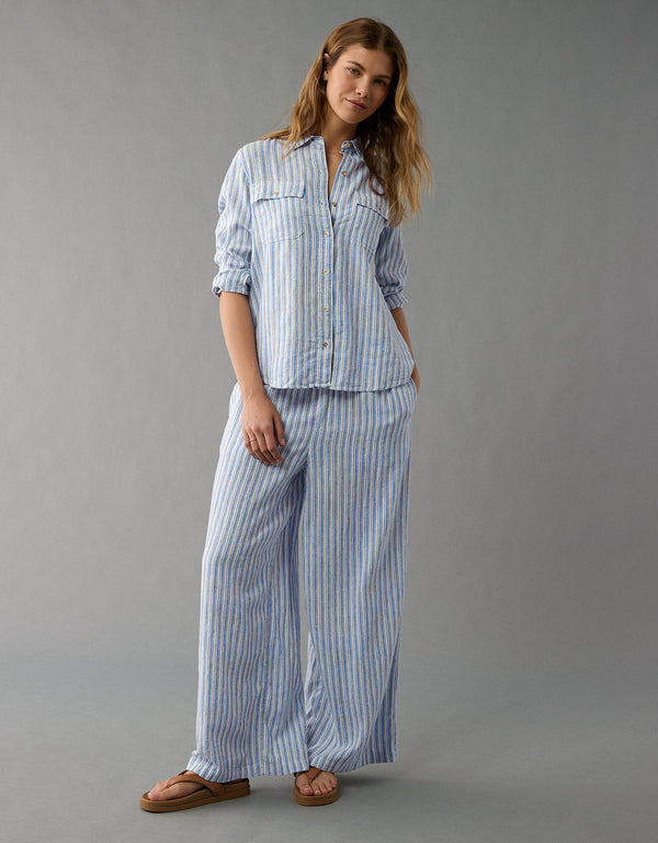 Camisa de Lino Manga Larga de Rayas Ae - Azul