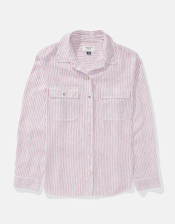 Camisa de Lino Manga Larga de Rayas Ae - Rojo