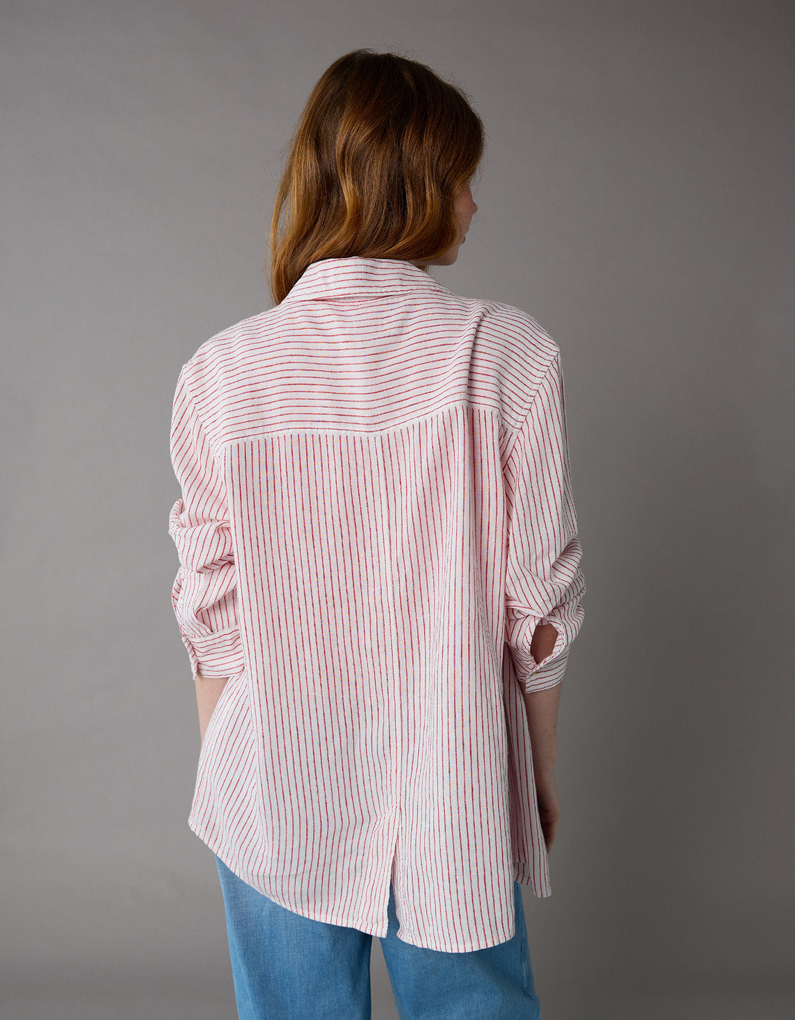 Camisa de Lino Manga Larga de Rayas Ae - Rojo 0355_6146_617_ob