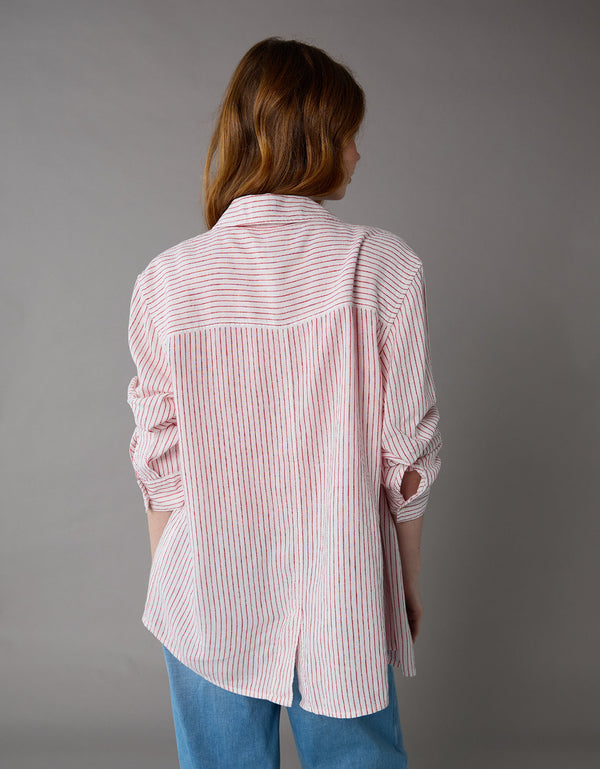 Camisa de Lino Manga Larga de Rayas Ae - Rojo