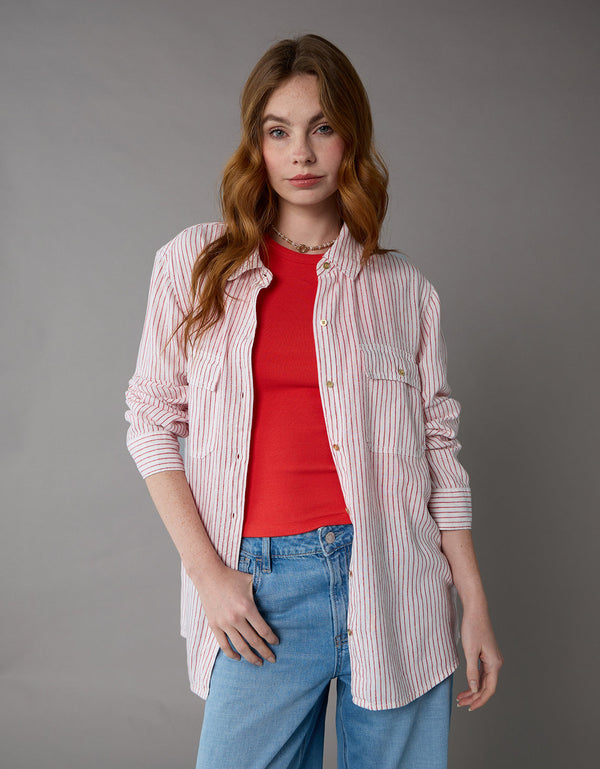 Camisa de Lino Manga Larga de Rayas Ae - Rojo
