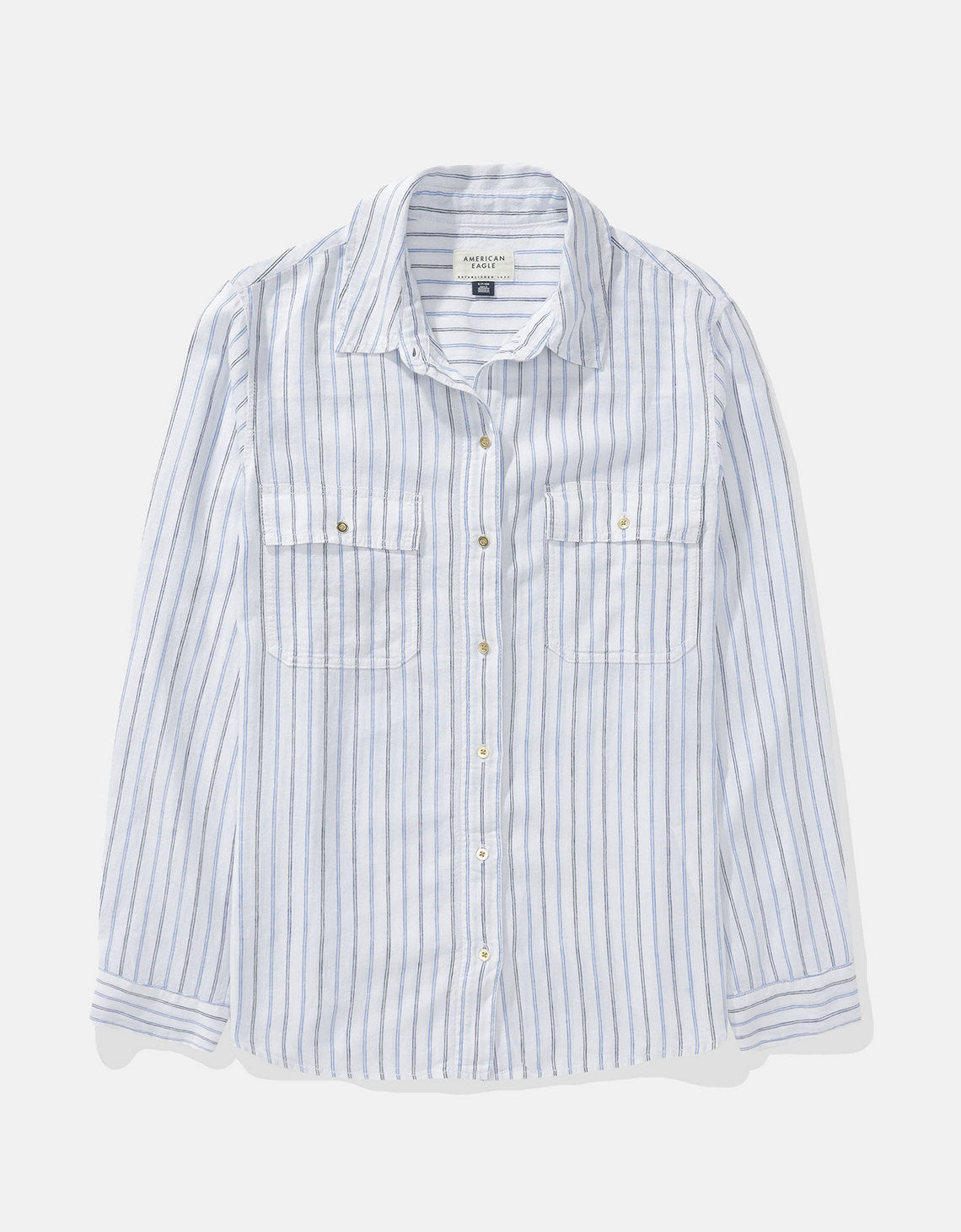 Camisa de Lino Manga Larga de Rayas Ae - Azul 0355_6146_895_f