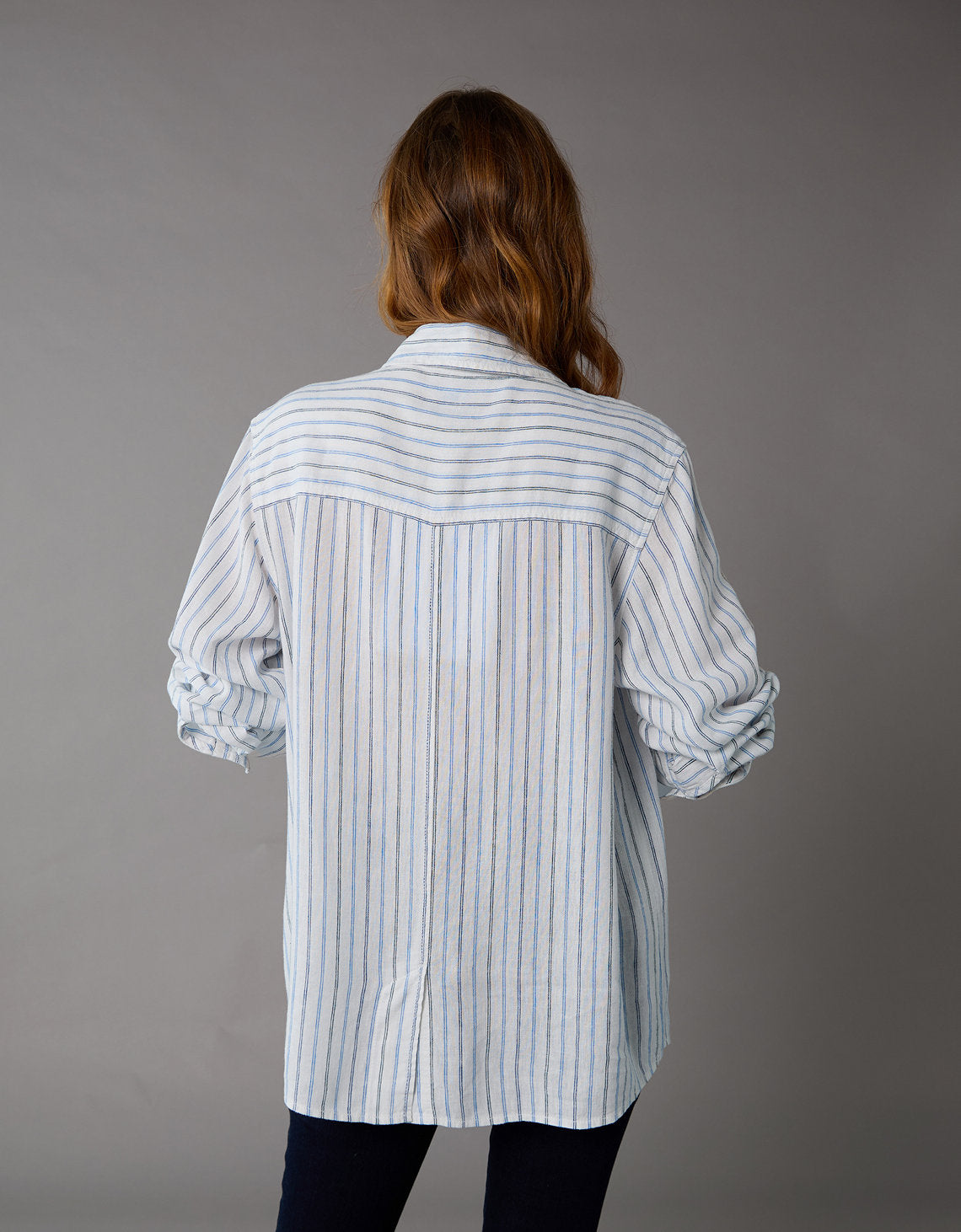 Camisa de Lino Manga Larga de Rayas Ae - Azul 0355_6146_895_ob