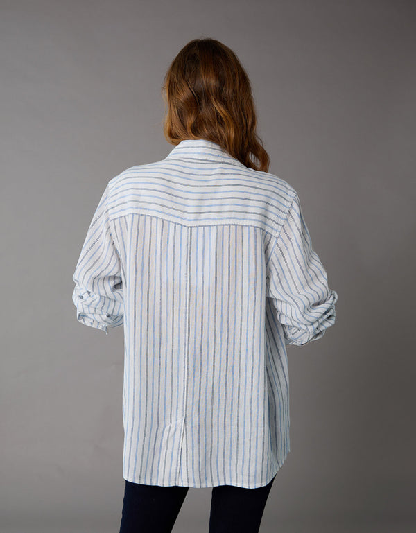 Camisa de Lino Manga Larga de Rayas Ae - Azul