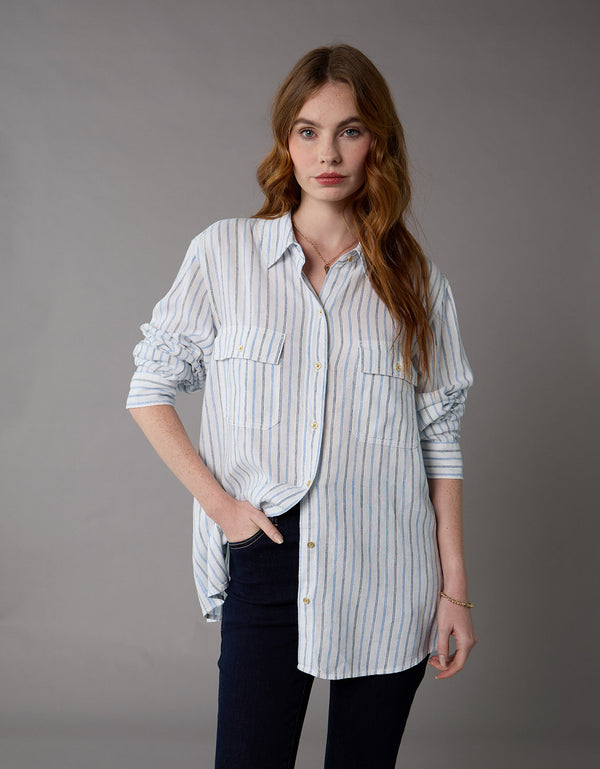 Camisa de Lino Manga Larga de Rayas Ae - Azul