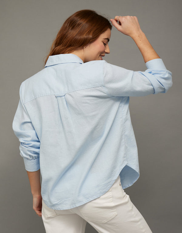 Camisa en lino manga larga con botones Ae - Azul