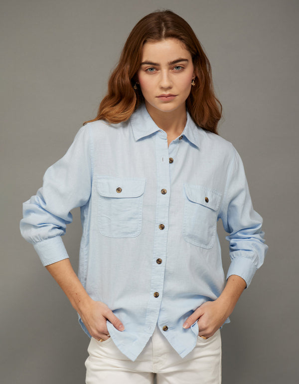 Camisa en lino manga larga con botones Ae - Azul