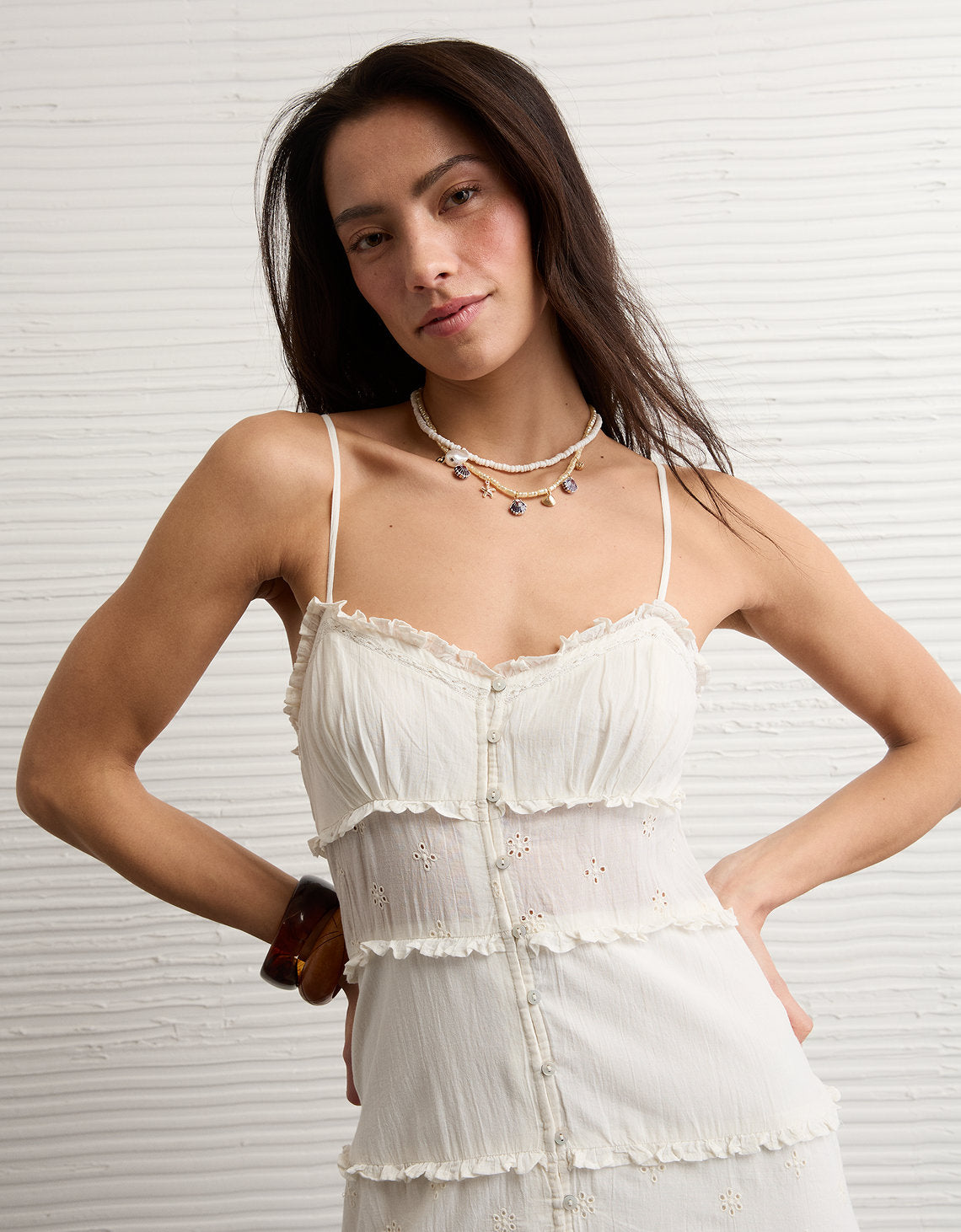 Vestido midi con volantes y botones Ruffle Ae - Blanco 0395_9044_134_os