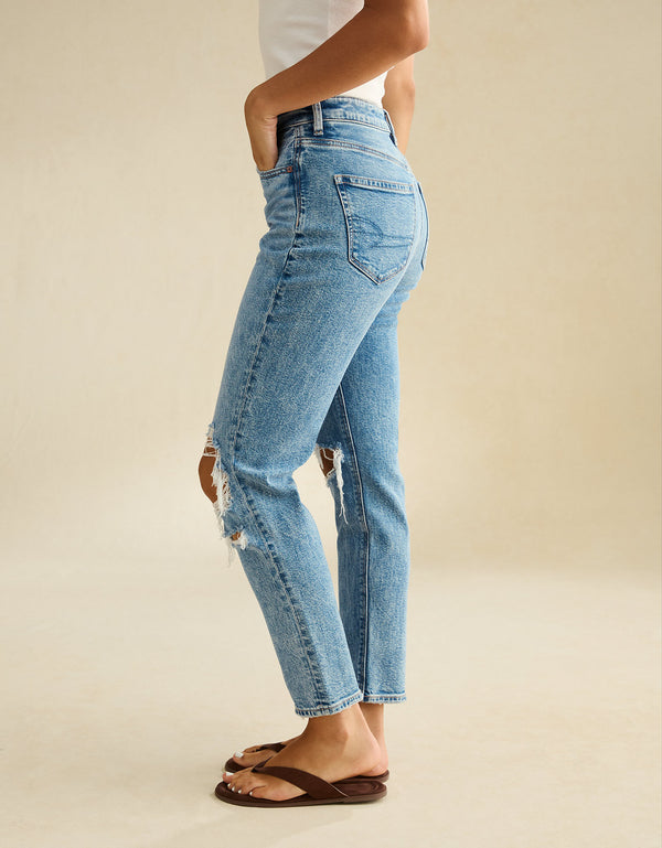 Jean AE mom strigid con rotos - Azul