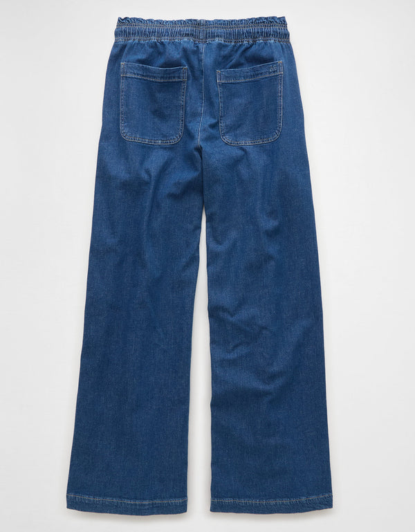 Pantalón de Lino con Drapeado Soñado y Cintura Elástica - Azul