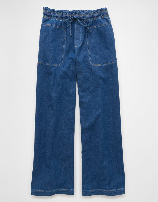 Pantalón de Lino con Drapeado Soñado y Cintura Elástica - Azul