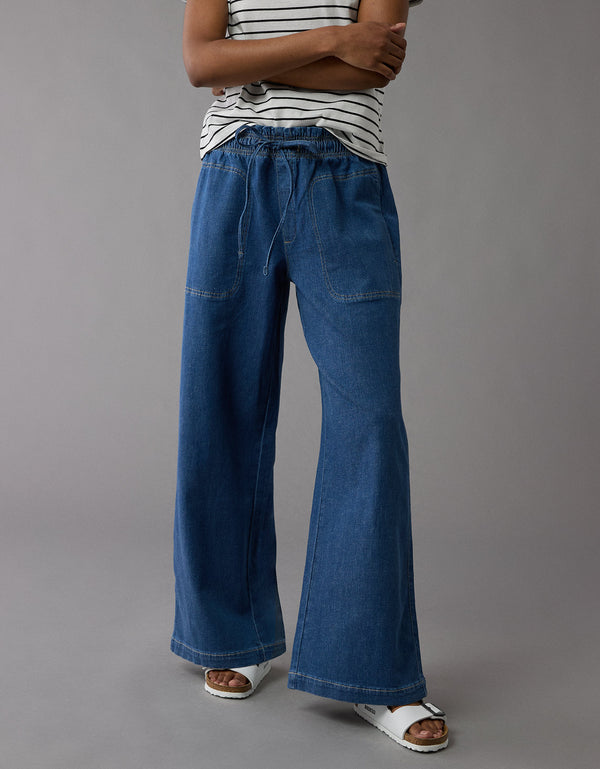 Pantalón de Lino con Drapeado Soñado y Cintura Elástica - Azul