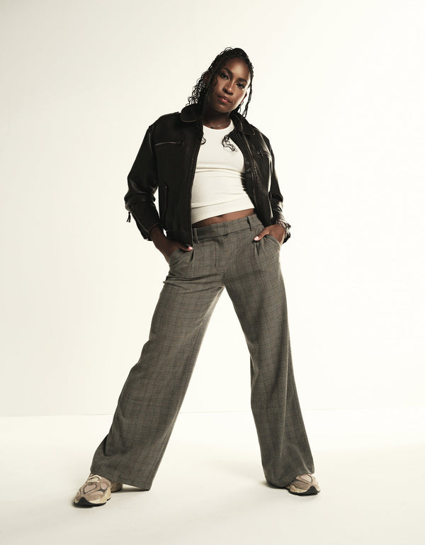 Pantalón con Stretch con patrón de cuadros Mujer AE - Café