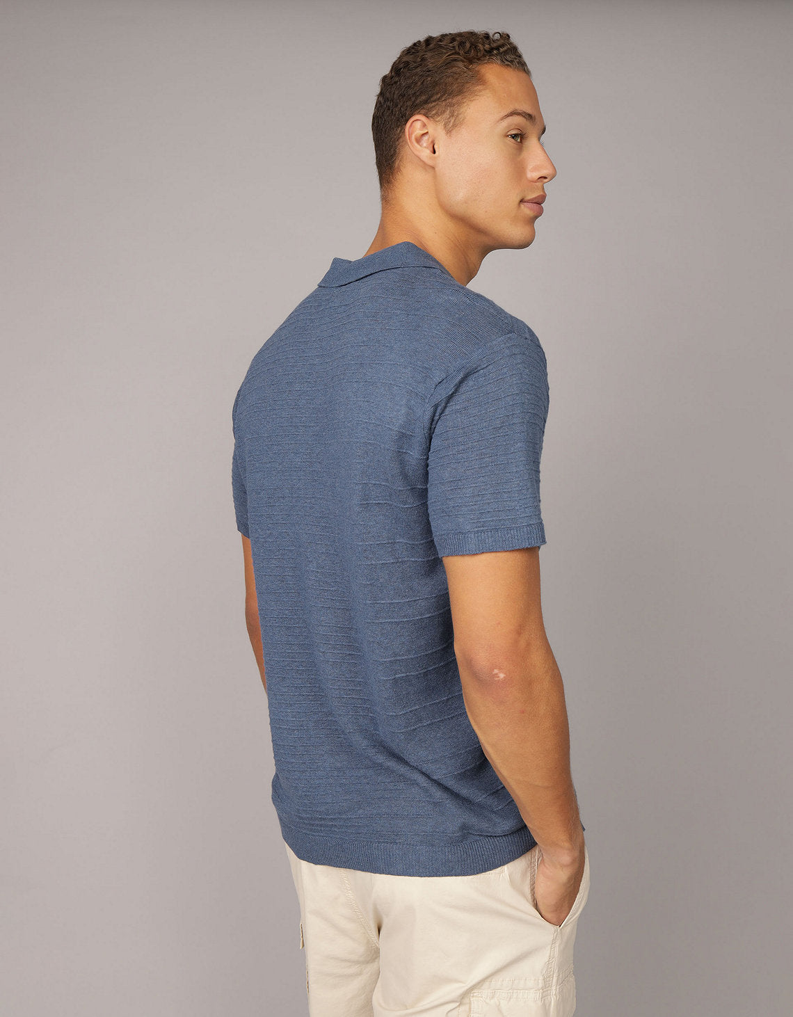 Polo en Tejido Suave con mezcla de Lino para Hombre - Azul 1148_1967_410_ob