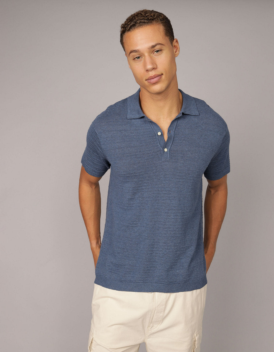 Polo en Tejido Suave con mezcla de Lino para Hombre - Azul 1148_1967_410_of