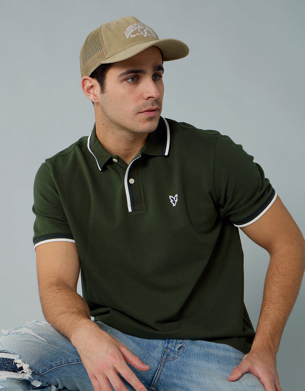 Polo de Piqué Elástico con Detalles en Contraste - Verde