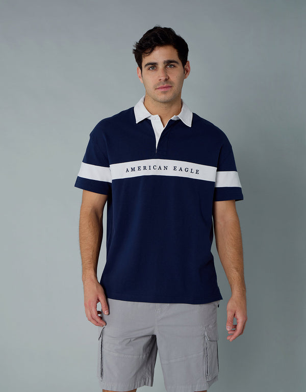 Polo sin Cuello Polo de Rugby con Logo Ae - Azul