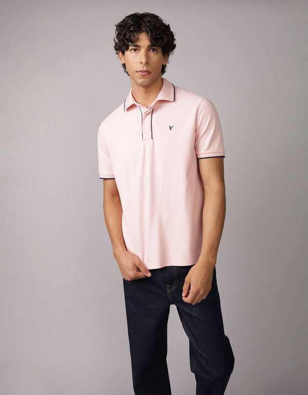 Polo de Piqué Elástico con Apariencia Desgastada para Hombre - Rosa