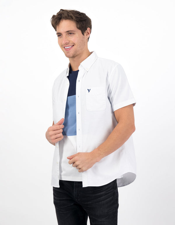 Camisa Oxford de Manga Corta con Botones - Blanco