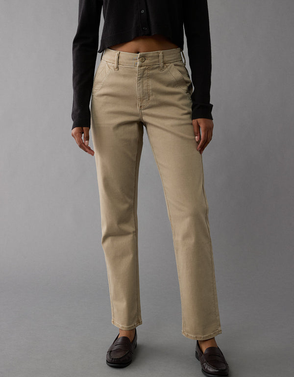 Pantalón Straight de Tiro Alto para Mujer - Caqui
