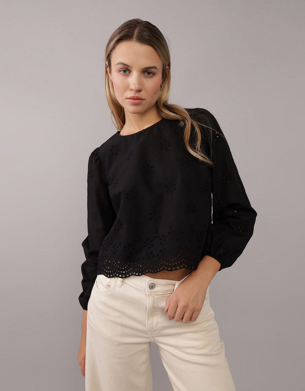 Camisa Manga Larga cuello redondo Mujer AE - Negro