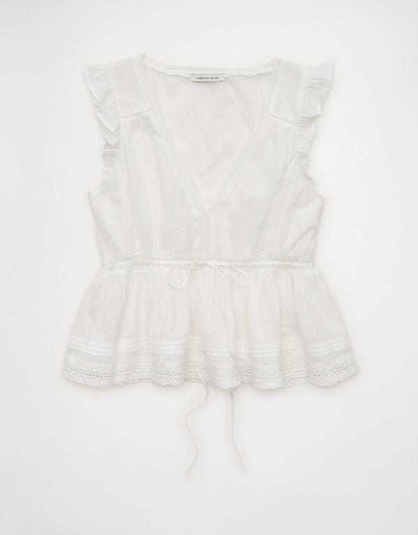 Blusa con Volantes y Ribete de Encaje - Blanco