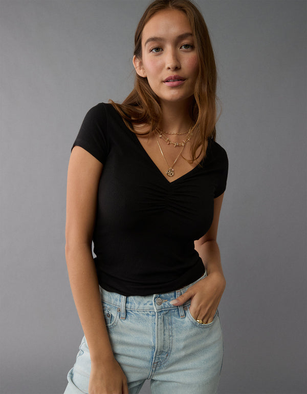 Polo sin Cuello Básica Manga Corta Mujer AE - Negro