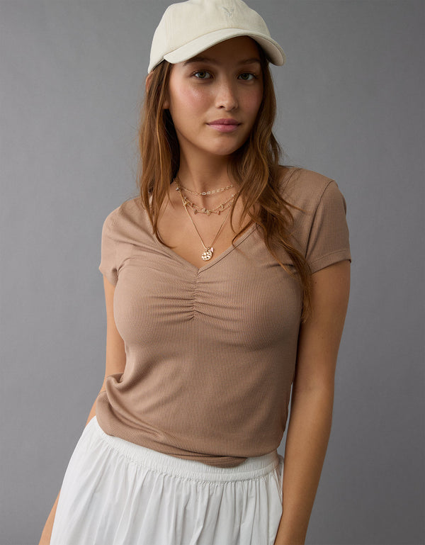 Polo sin Cuello Básica Manga Corta Mujer AE - Café