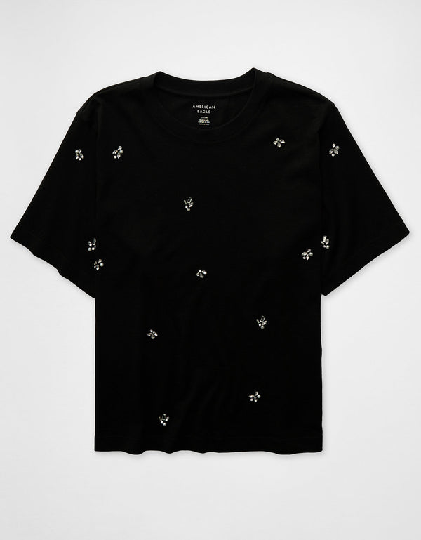 Camiseta de perlas y pedrería Ae - Negro