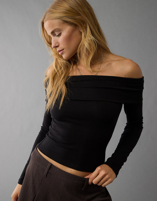 Polo sin Cuello manga larga con hombros descubiertos mujer AE - Negro